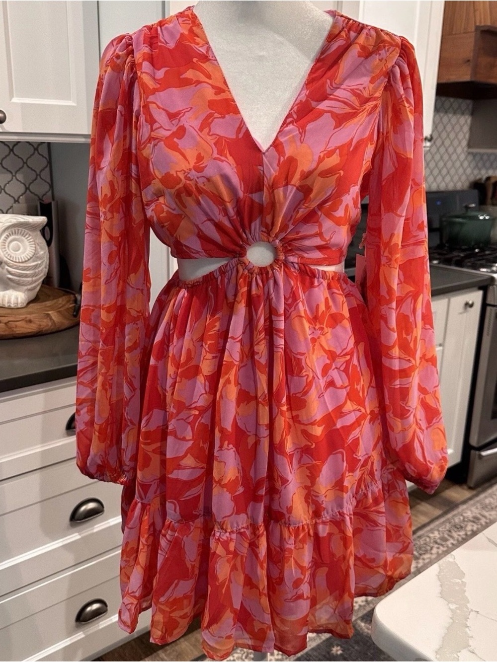 Jessica Simpson Red & Pink Floral Cutout Long-Sleeve Dress